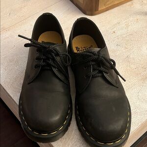Dr. Martens Black Leather Oxfords with Yellow Stitching